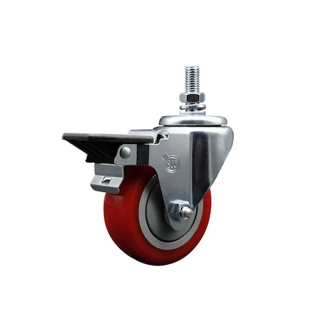Service Caster 35 Inch Red Polyurethane 12 Inch Threaded Stem Caster with Brake SCC-TS20S3514-PPUB-RED-PLB-121315